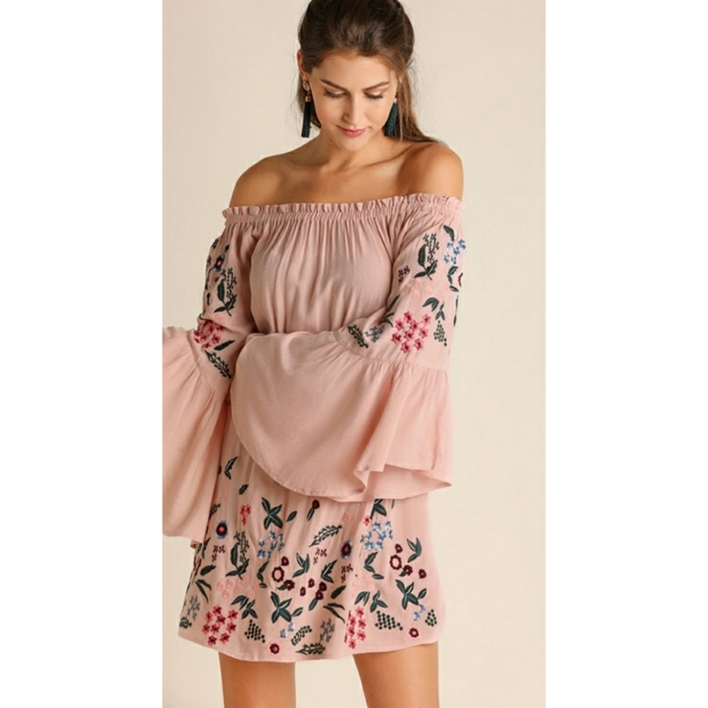 Umgee Pink Off Shoulder Embroidered Floral Mini Dress Bell Sleeves